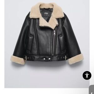 Zara Black Faux Leather Jacket with Cream Fur Trim